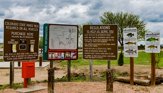 COLORADO, USA - MAY 15, 2018: - information sign near a trail in the wild in Colorado, USA