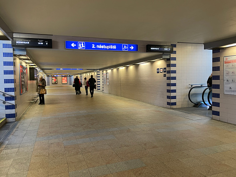 Olomouc, Czech Republic - January 30, 2024: Underground passage at the main railway station. Access to the railroad platforms.