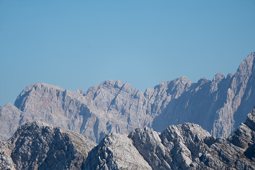 Scenic landscape of Mountains overlooking Italian Dolomites along Mangart Pass