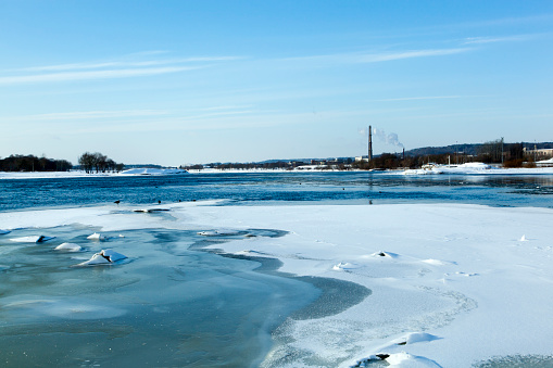 The Winter view of the confluence of Neman and Neris Rivers, two largest rivers in Lithuania (Kaunas).