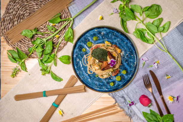 istock Vegan pasta with jackfruit topped with seaweed. 1982993571
