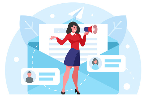 Search for employees. Businesswoman with megaphone. Attention announcement, important message. Loudspeaker or loud voice concept. Correspondence by email. Email marketing campaign. New email message. Vector graphics