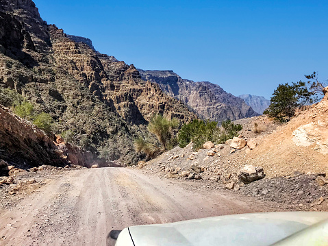Off-road trail in Wadi bani waif in the north of Oman. Beautiful wilderness sceneries and uncontaminated nature.