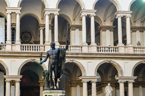 Milan, Lombardy, Italy - 10 21 2023: Palazzo Brera  houses several cultural institutions including the Accademia di Brera, the art academy of the city, and its gallery, the Pinacoteca di Brera.