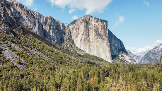 View of yosemite national park valley with el capitan, half dome, and waterfall in the summer