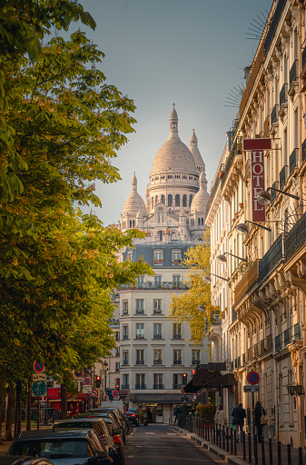 A picturesque scene unfolds in Paris as spring breathes new life into the cityscape. The iconic Sacre Coeur Cathedral stands majestically amidst historic apartment buildings on old street with green trees, creating a harmonious blend of architectural beauty and natural rejuvenation. This enchanting view captures the essence of Parisian charm during the vibrant spring season