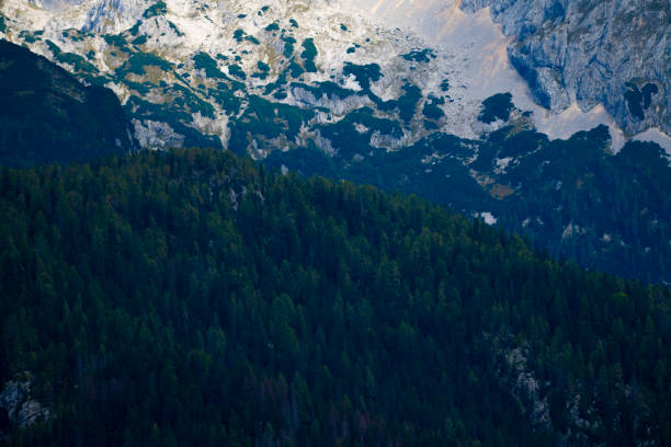 Scenic landscape of Mountains overlooking Triglav National Park, hiking up mountains