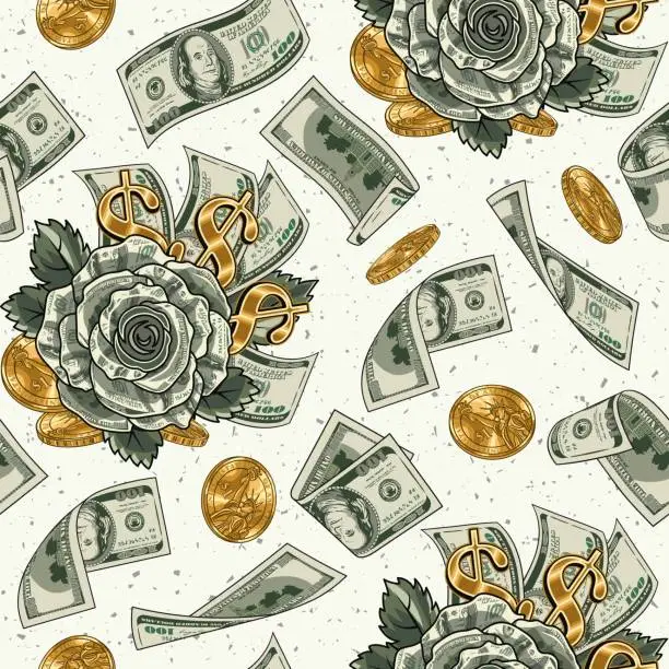 Vector illustration of Pattern with falling dollar bills, coins, rose