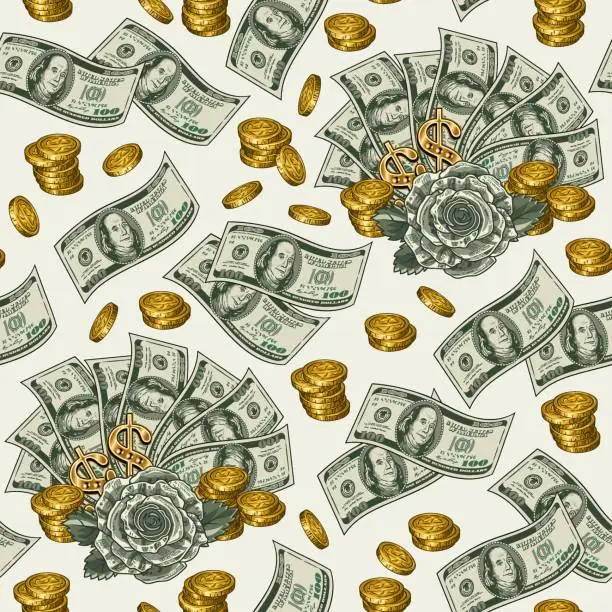 Vector illustration of Seamless money pattern with scattered 100 US dollar notes, dollar fan with money rose, stacks of coins on white background. Concept of success, wealth, luck, win. Vintage style. Not AI