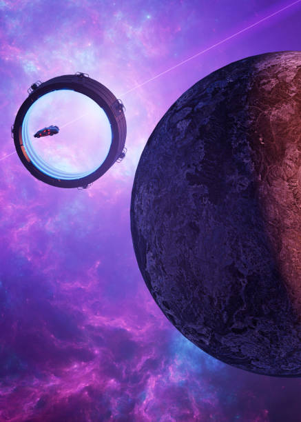 Interstellar travel and dimensional portals, spaceships exploring new planets and space-time transformation. Conquest of new worlds, exoplanets. 3d rendering