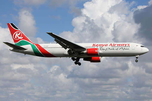 Schiphol, Netherlands - August 4, 2008: Kenya Airways Boeing 767-300 with registration 5Y-KQZ on final for Amsterdam Airport Schiphol