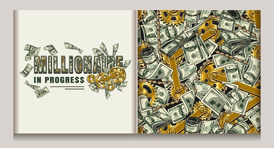 Pattern, horizontal label with cash money, 100 US dollar bills, gold gear mechanism, bike chain. Creative concept of making money. For prints, clothing, apparel, surface design.