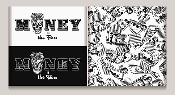 Money vintage seamless pattern, label with skull, 100 dollar bills, dollar sign. Text Money is the boss. Concept of supremacy of money. For clothing, t shirt design. Vintage style