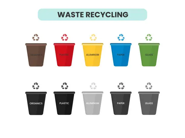 Vector illustration of Infographics separation of garbage. Sorting and recycling of garbage, waste recycling. Organic, plastic, aluminum, paper, glass. Vector illustration design. Modern flat style