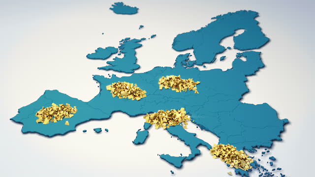 3D animation of euro currency symbol crumbling into dust