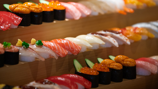 The artificial duplicates of sushi, lifelike replicas of delicious Japanese sashimi dishes, known as sampuru, adorn the tables, tempting patrons with their delectable charm.