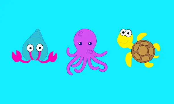 Vector illustration of Sea animals on the cyan background