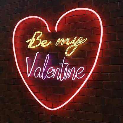 3D rendering of - Be My Valentine - neon sign on brick wall