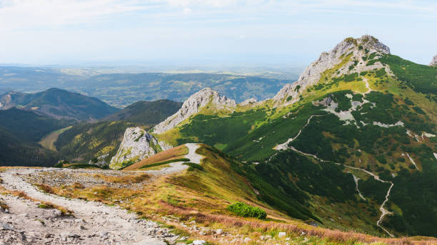 polish tatra mountains, high mountain hiking trail leading to mountain peaks, mountain landscape with valleys and slopes, view on a sunny summer day.view of the giewont mountain peak. - poland mountain tatra mountains giewont photos et images de collection