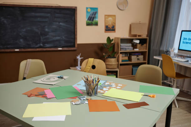 istock Crafting table with no people in school classroom 1983165472