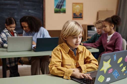 Portrait of blonde young boy using laptop computer in school classroom, copy space