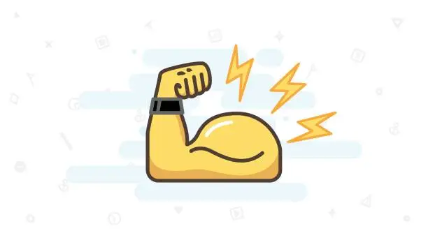 Vector illustration of Flexed bicep color icon. Strong emoji. Muscle. Bodybuilding, workout. Man's arm, forearm.