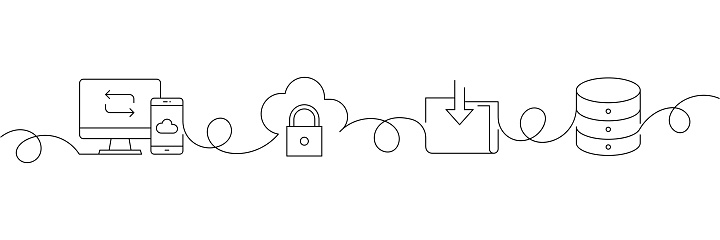 Continuous One Line Drawing Cloud Computing Icons Concept. Single Line Vector Illustration. Internet, Technology, Data, Connection, Upload, Download.