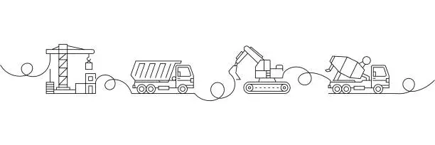 Vector illustration of Continuous One Line Drawing Construction Machinery Icons Concept. Single Line Vector Illustration. Crane, Concrete Mixer, Truck, Excavator.