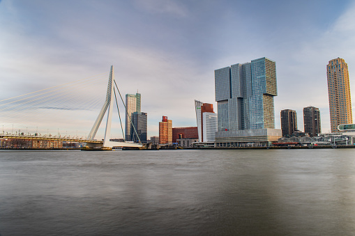 Aerial view of the city centre of Rotterdam at twilight with the city's corporate glass buildings and Erasmus Bridge