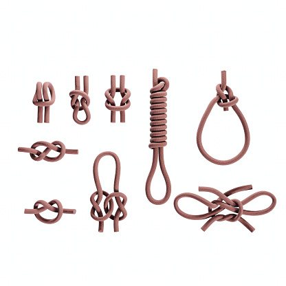 3D rendering of nine basic types of rope knots on white background