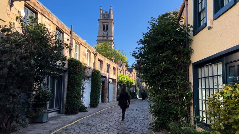 Circus lane in Edinburgh on a nice sunny day of summer, Summer in Scottish capital, Famous streets in Edinburgh, Discover Scotland. Scottish history, Walking along Circus Lane in Edinburgh, Traditional Edinburgh houses