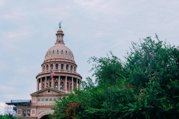 A striking view of the Texas State Capitol in Austin, partially covered in scaffolding during restoration work. The historic Renaissance Revival-style building, completed in 1888, stands against a vivid blue sky, with its iconic dome and the statue of the Goddess of Liberty prominently featured. The renovation highlights the ongoing preservation efforts to maintain this landmark, which serves as the seat of government for the state of Texas.