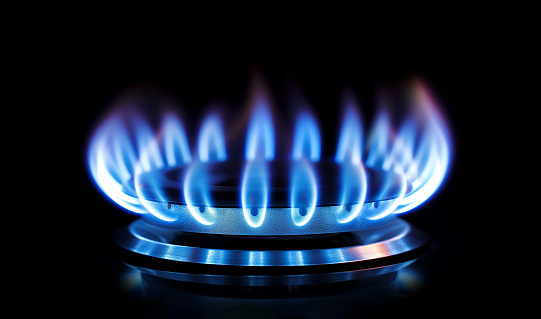 Blue gas flame of the stove close-up against a black background