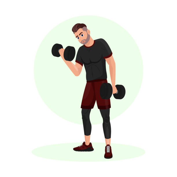 ilustraciones, imágenes clip art, dibujos animados e iconos de stock de illustration of a young guy training in a gym. gym. body-building. power training. sports guy. - health club gym young men dumbbell