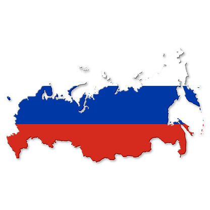 Contour map of Russia with superimposed Russian flag on white