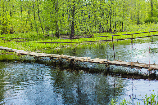 Wooden bridge over river.