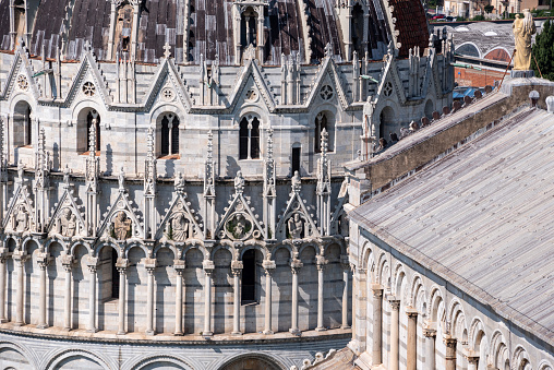 Pisa, Italy - September 21, 2023 - View to the baptistery of the Pisa cathedral, Italy