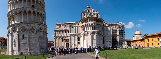 Pisa, Italy - September 21, 2023 - The famous leaning tower at the cathedral of Pisa, Italy