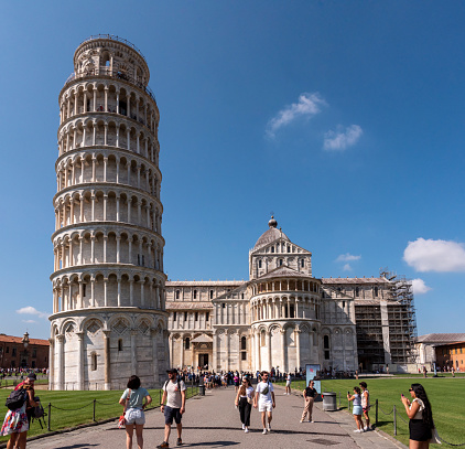 Pisa, Italy - September 21, 2023 - The famous leaning tower at the cathedral of Pisa, Italy