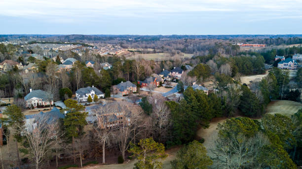 aerial view of an upscale subdivision - satellite view aerial view cityscape suburb photos et images de collection