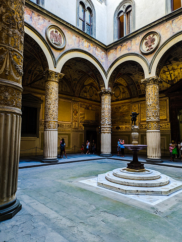 Florence, Italy - September 15, 2023 - Iconic rich decorated courtyard of Palazzo Vecchio in Florence, Italy