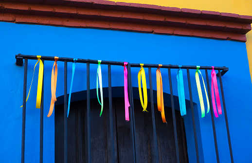 Oaxaca, Mexico: Colonial-Style Window in Vibrant Blue Wall