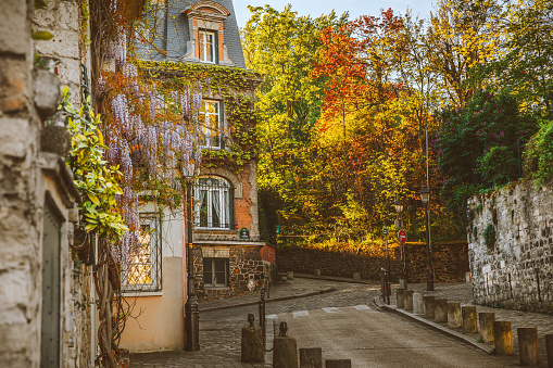 A picturesque scene unfolds in the heart of Montmartre, Paris, as Rue de l'Abreuvoir showcases its timeless charm. The colorful houses line the empty street, radiating with warmth under the sun's embrace on a tranquil spring or summer day. This historic neighborhood epitomizes the romance and allure of the City of Light