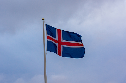 National flag of Iceland waving in Reykjavik
