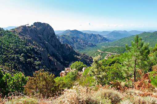 D420 road in Corsica between the Col de la Tana and the Col Saint-Eustache offers wonderful views of the unspoiled countryside.