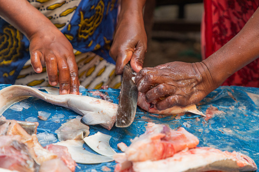 Toamasina, Madagascar. 18 october 2023. Fresh fish food local market. women clean and sell fresh fish. hands and pieces fish in focus. Local flavor.