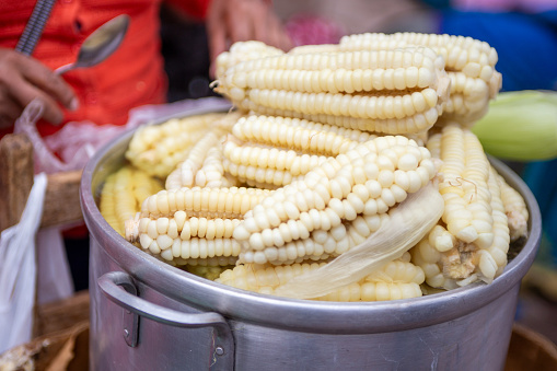 Steamed street big kernel corn in Peru for sale