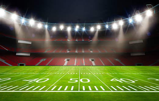 3d rendering american football field with 50 yards line in stadium