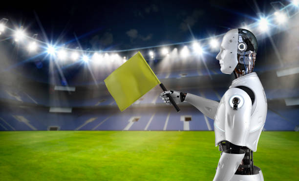 Robotic assistant  for soccer or football referee holding flag 3d rendering robotic assistant  for soccer or football referee holding flag offside stock pictures, royalty-free photos & images