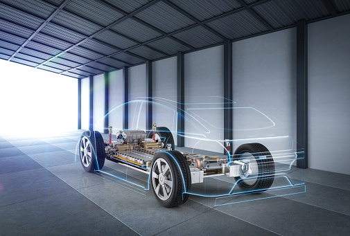 3d rendering ev car or electric vehicle with pack of battery cells module on platform park in garage